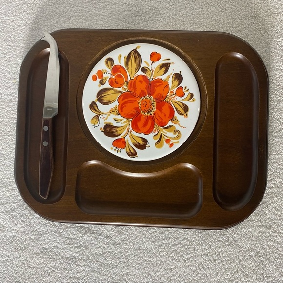 Vintage MCM Autumn Flower Tile Wooden Cheese Board Charcuterie Board W Knife - Picture 1 of 14